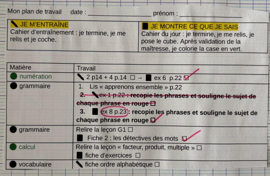 Plan de travail en CE1-CE2 avec les ajustements manuscrits de l'enseignante